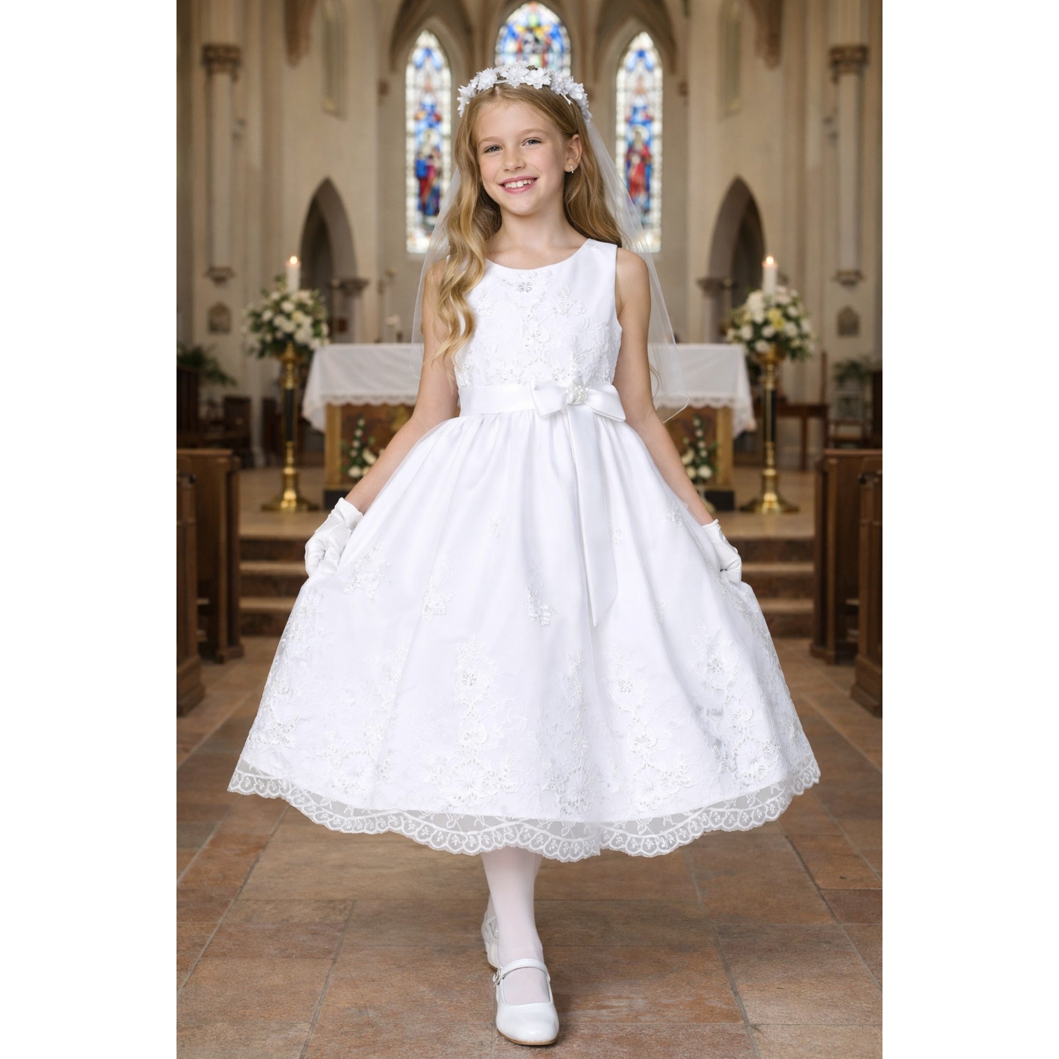 New Girls First Holy Communion Dress Size 12 - Emb Tulle Tea-Length Sequins
